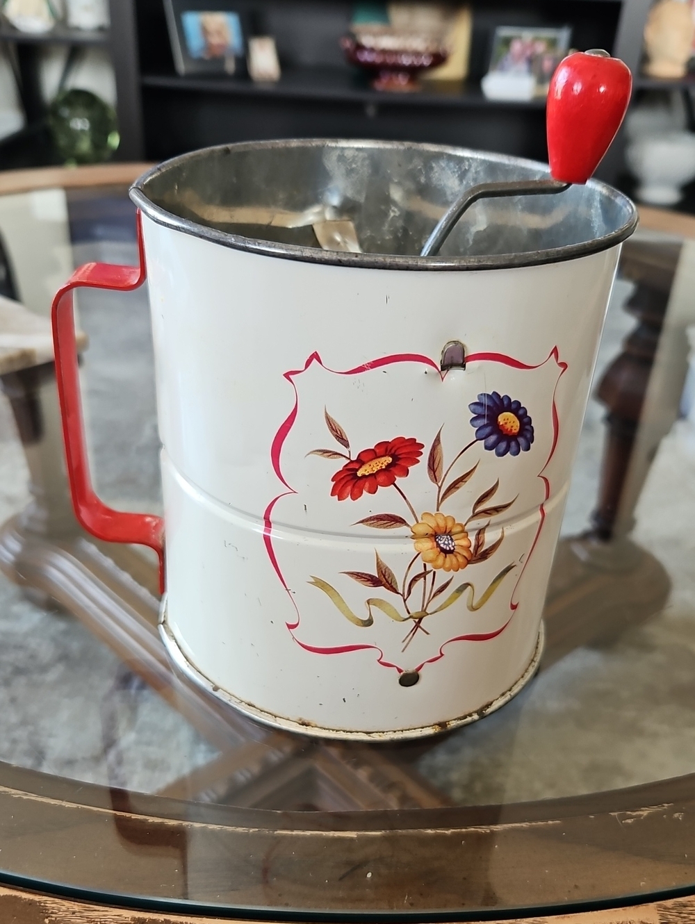 Vintage Floral White and Red Flour Sifter with Hand Crank